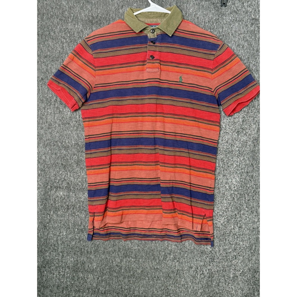 Polo Ralph Lauren Polo Shirt Mens Medium Red Striped Custom Fit Olive Collar